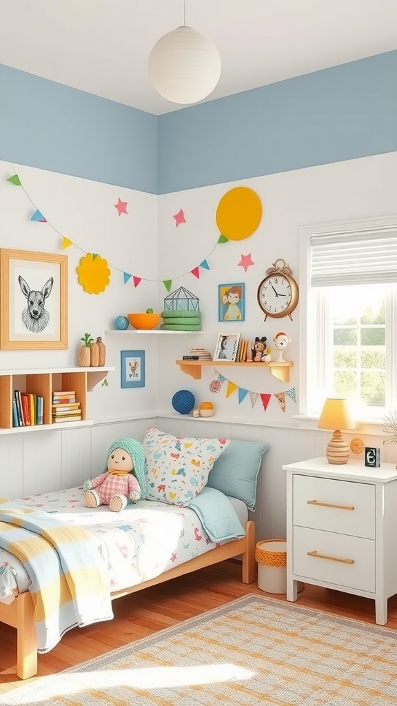 A playful kids bedroom with colorful decorations, a cozy bed, and cheerful themes
