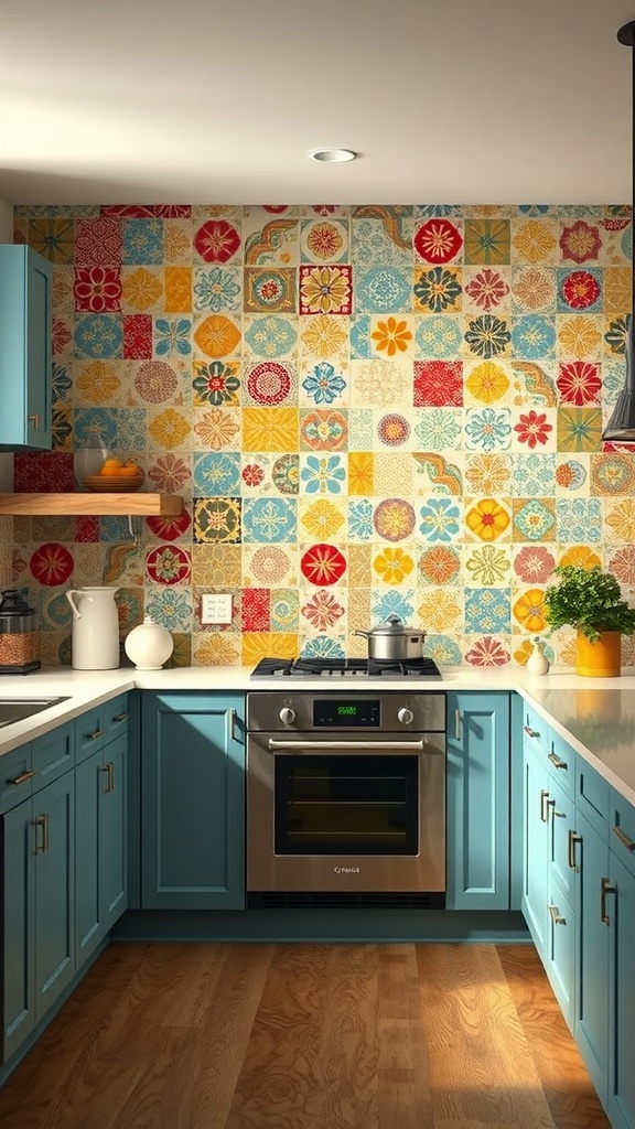A colorful kitchen with a patterned backsplash featuring flowers and geometric shapes, complemented by blue cabinetry.