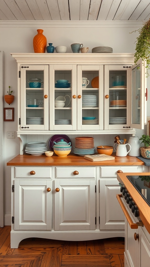 A quaint white cupboard with glass front, showcasing colorful dishes and decorative items in a farmhouse kitchen.