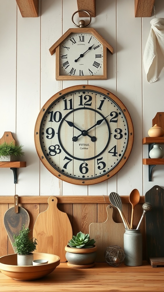 A rustic kitchen wall featuring a large wooden clock and a smaller clock in a house shape, surrounded by wooden utensils and plants.