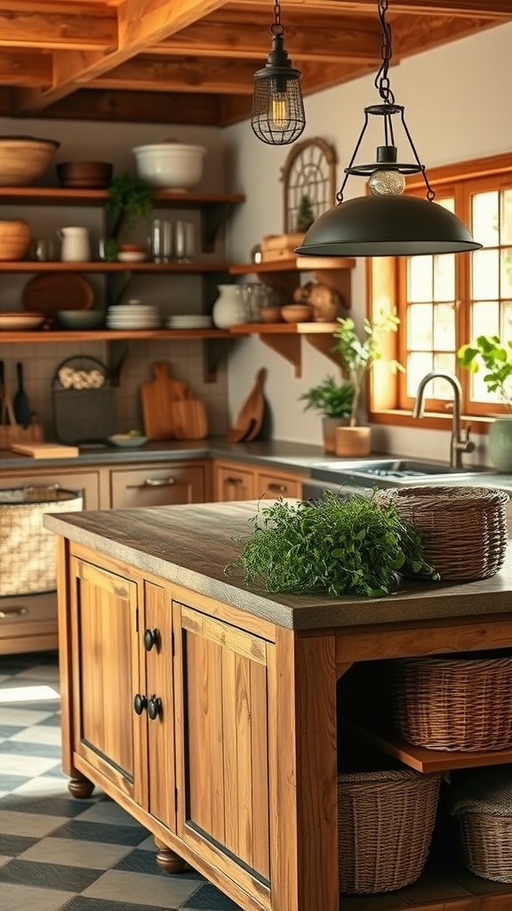 A rustic kitchen with a wooden island, open shelving, and natural decor elements.