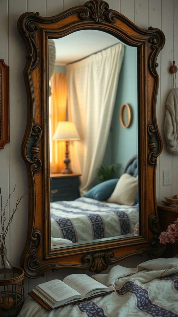 A rustic ornate mirror reflecting a cozy bedroom setting with warm lighting and decorative elements.