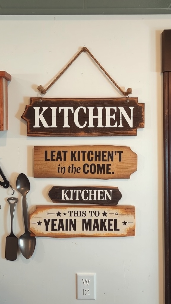 Rustic wooden kitchen signs with playful phrases.
