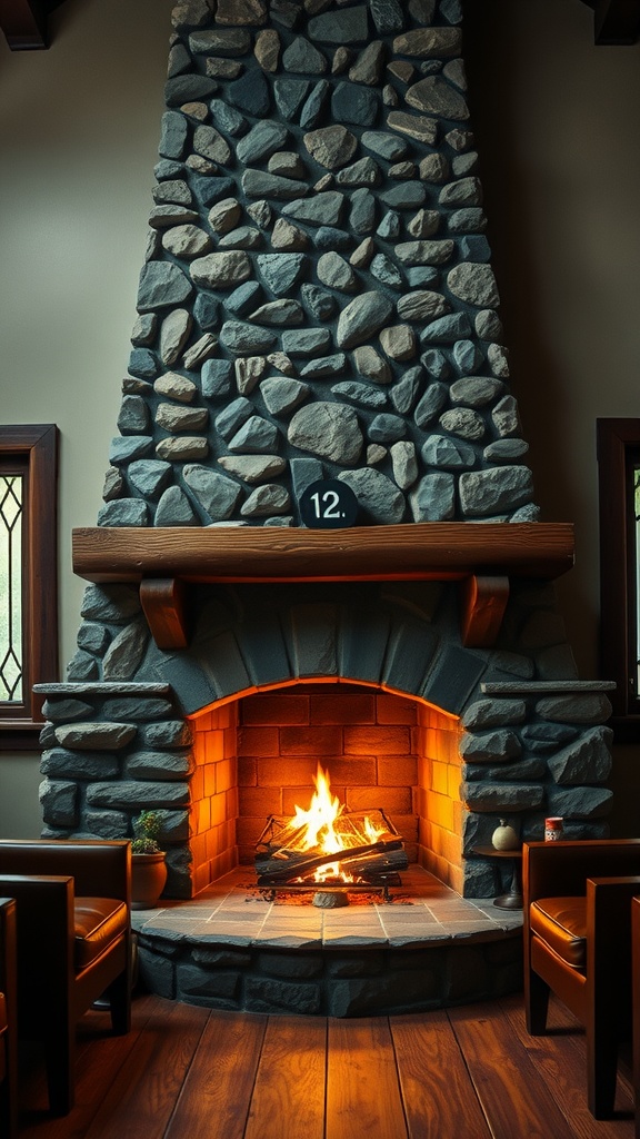 A rustic stone fireplace with firewood burning inside, surrounded by comfortable chairs and wooden flooring.