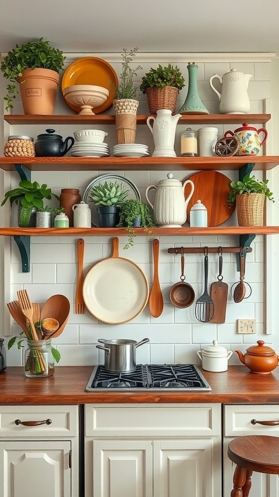 Rustic wood shelves filled with pots, kitchenware, and plants in a farmhouse kitchen