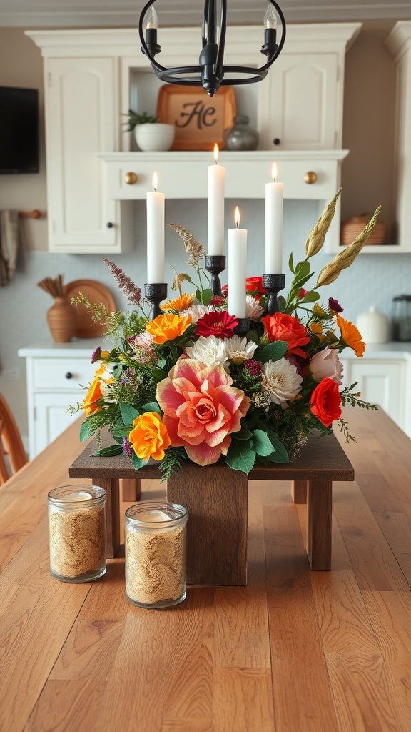 Rustic wooden centerpiece with flowers and candles on a kitchen island.