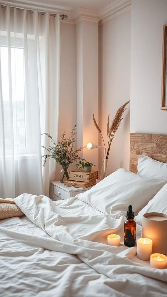 A cozy bedroom with soft white linens, candles, and plants creating a tranquil atmosphere.
