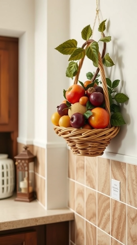 A hanging woven fruit basket filled with various fruits on a kitchen wall