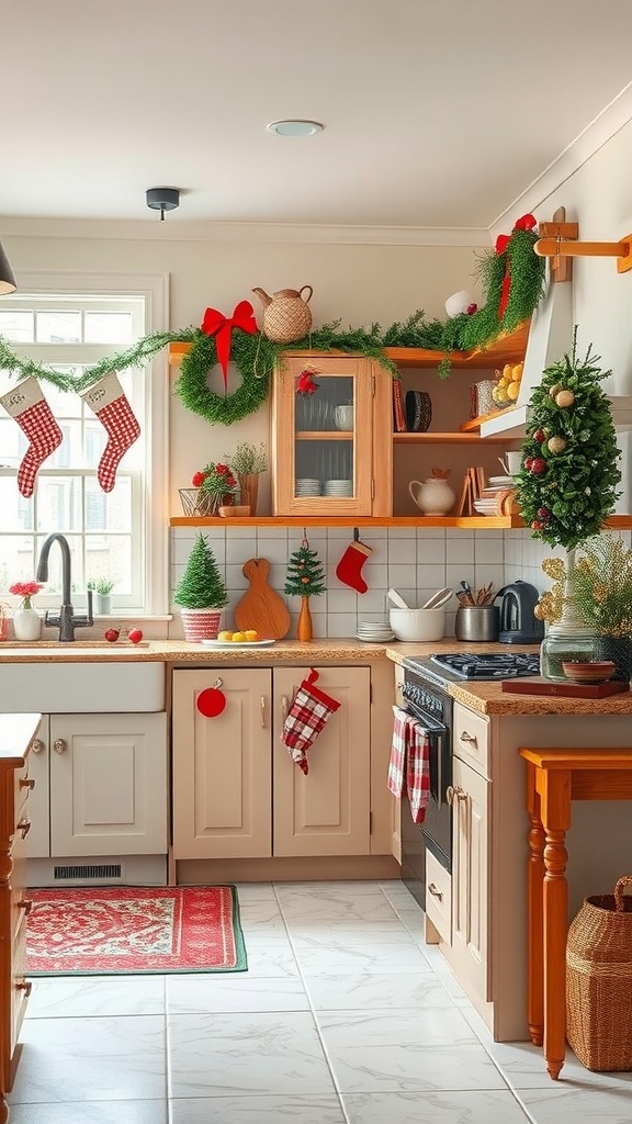 A cozy, festive kitchen decorated with red and green holiday decor, including stockings, wreaths, and mini Christmas trees.