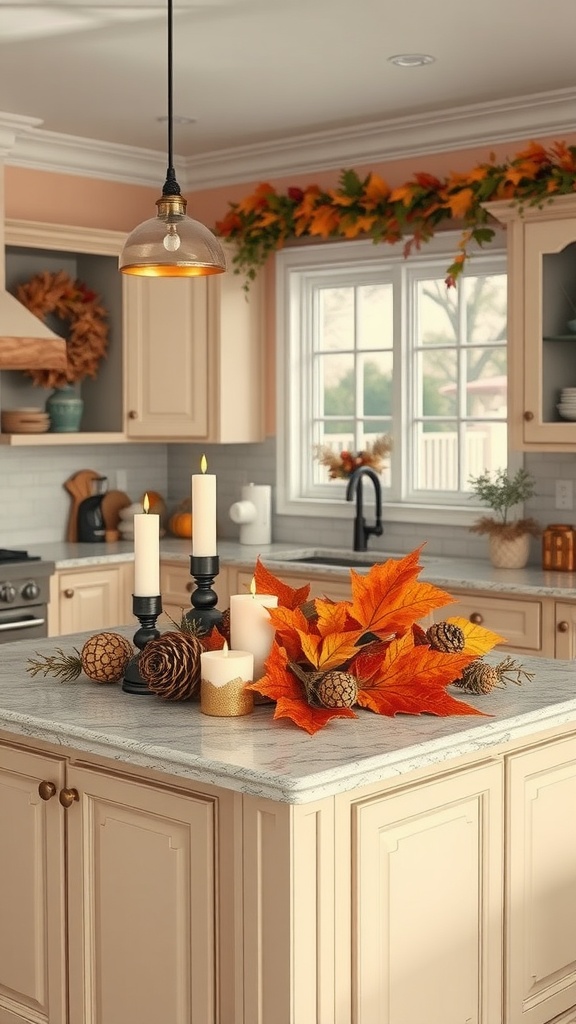 A kitchen island decorated for fall with candles, leaves, and pinecones.