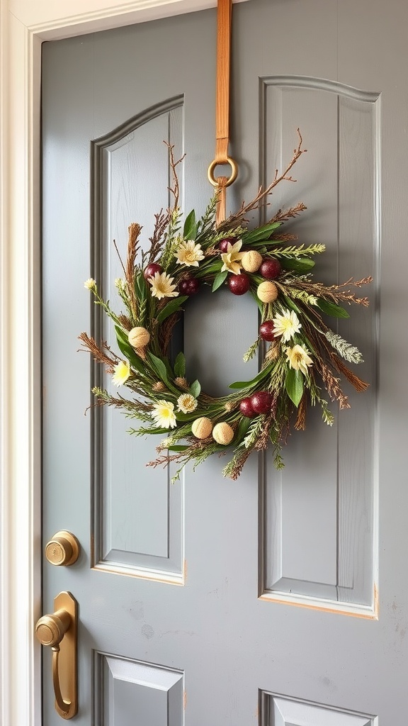 Autumn wreath on a white door featuring dried flowers and natural elements