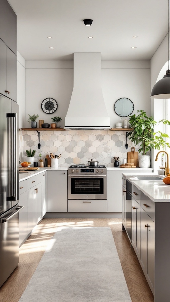 Cozy kitchen featuring a hexagonal backsplash with modern cabinets and natural light.