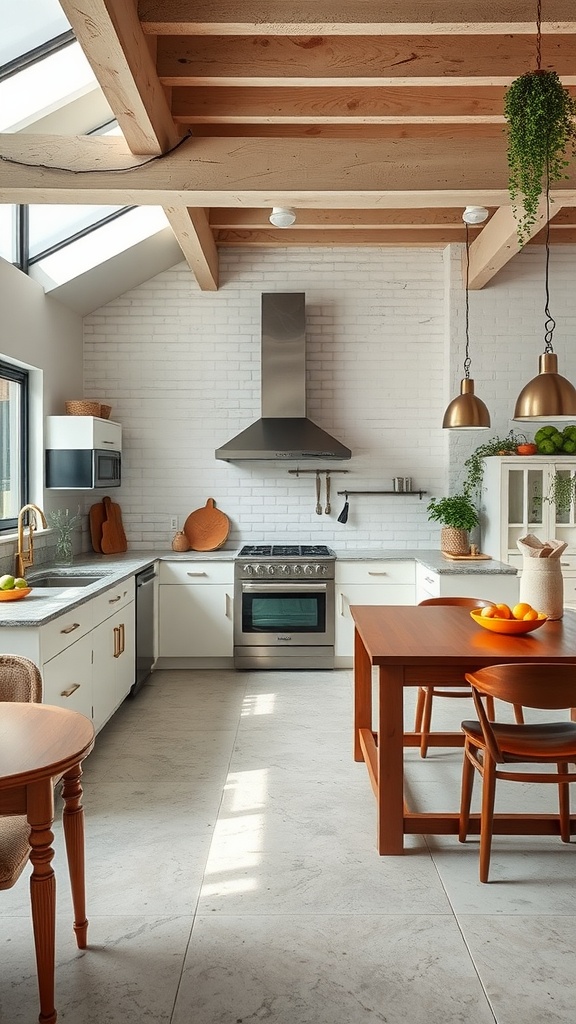 A modern kitchen with high ceilings, wooden beams, and bright natural light, featuring a central dining table and open shelving.
