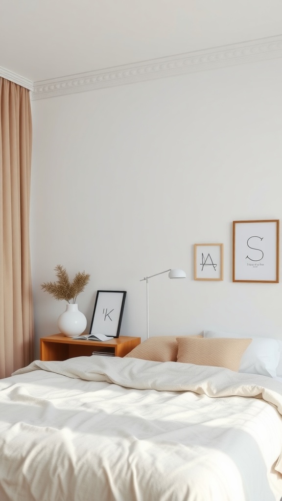 A Japandi style bedroom featuring soft colors, natural textures, and simple decorative elements.