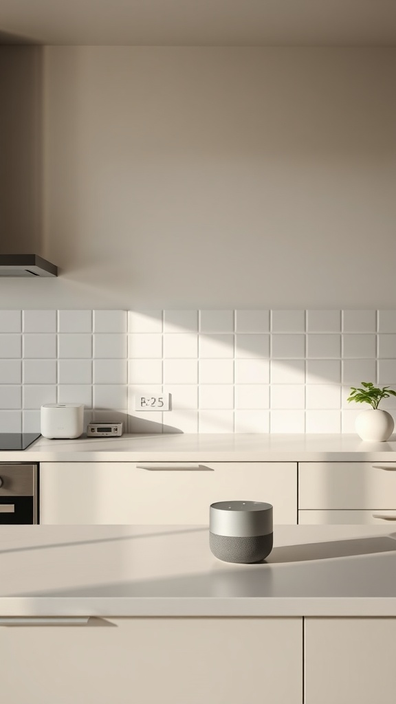 A minimalist kitchen with a smart speaker on the countertop, showcasing modern design and clean lines.