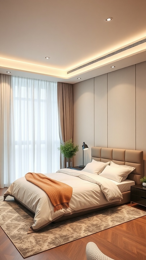A modern bedroom featuring soft lighting and a simple, elegant design.