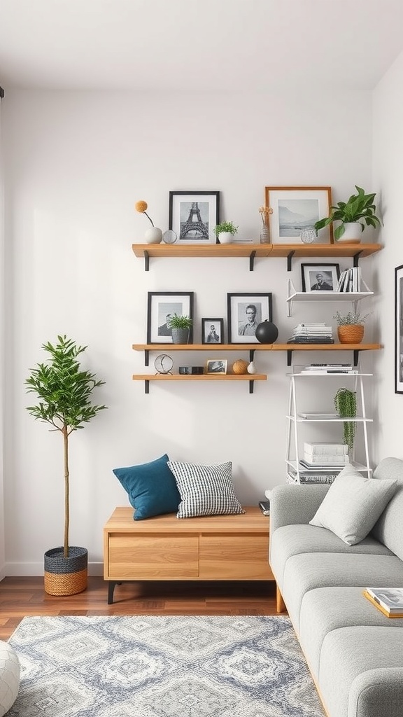 A cozy modern studio apartment with vertical shelves displaying photos and plants, along with a comfortable seating area.