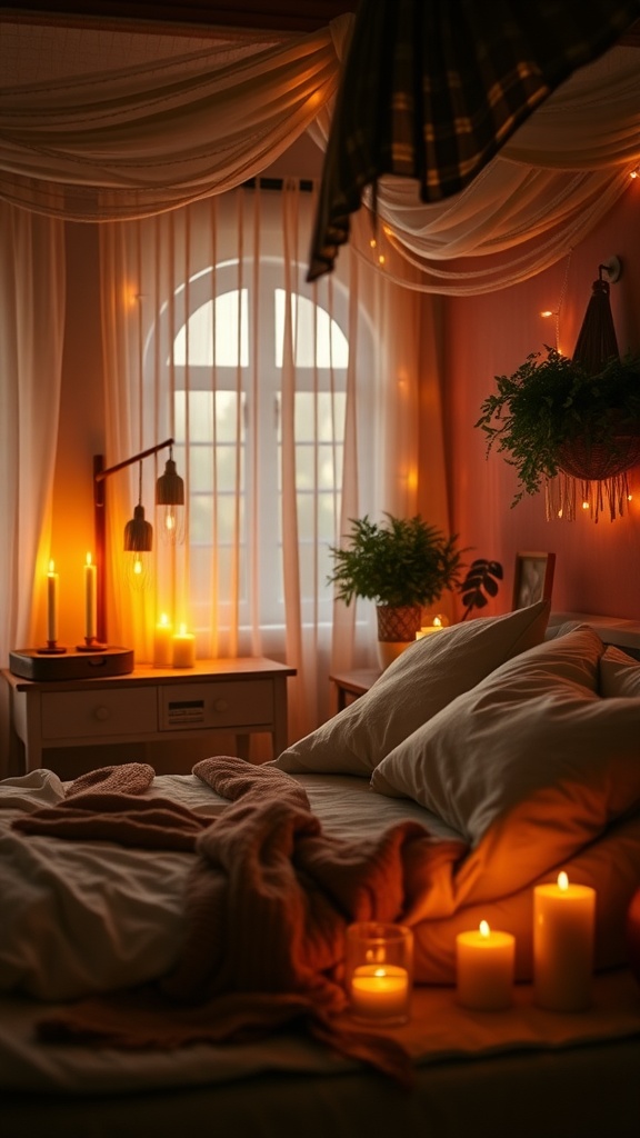 A cozy boho bedroom with soft lighting from candles and lamps creating a warm ambiance.