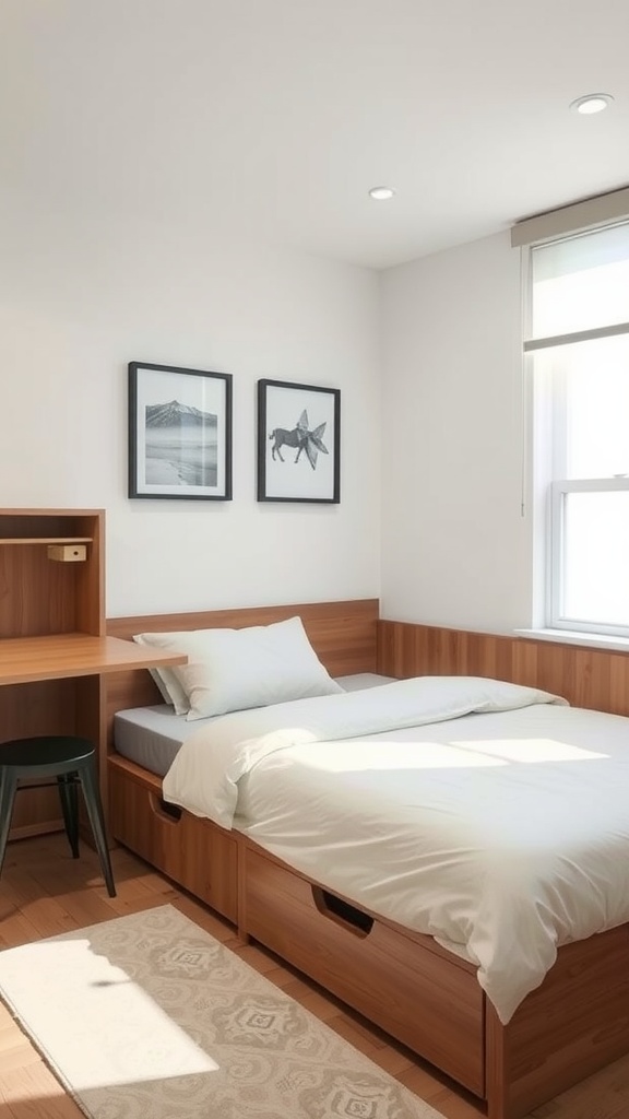 A small bedroom with a space-saving bed featuring storage drawers and a compact desk area.