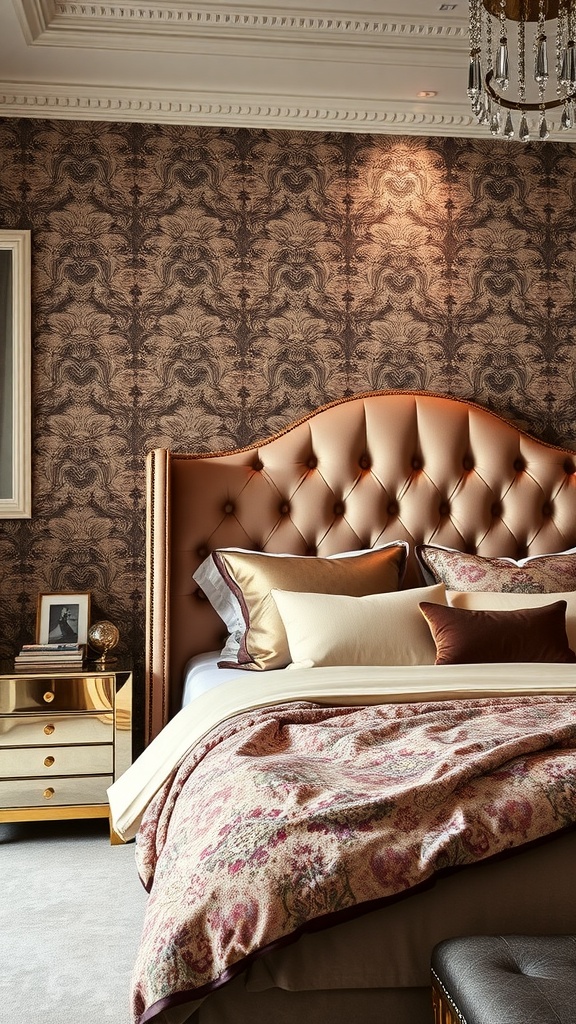 Elegant bedroom featuring a tufted statement headboard and stylish decor