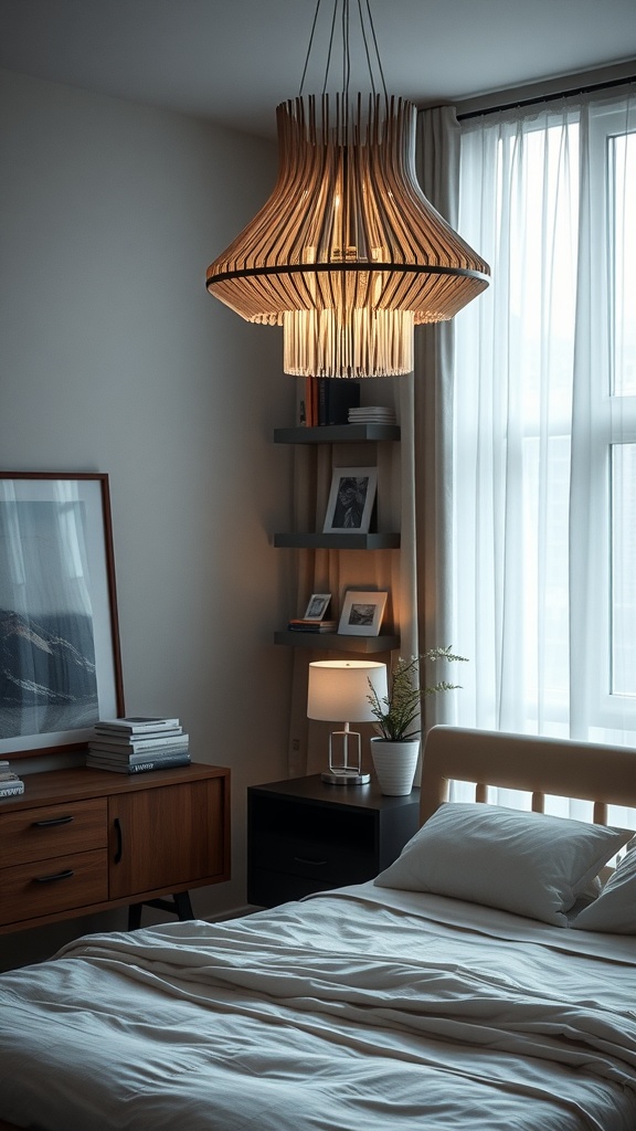 A stylish bedroom featuring a unique pendant light fixture, soft bedding, and ambient lighting.