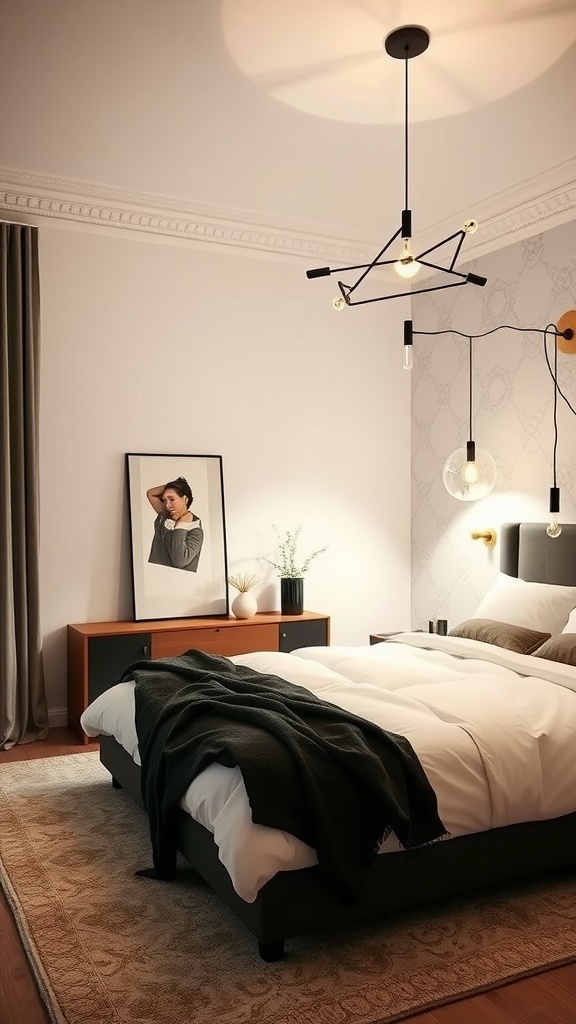 A modern Japandi bedroom featuring statement lighting fixtures that enhance the minimalist design.