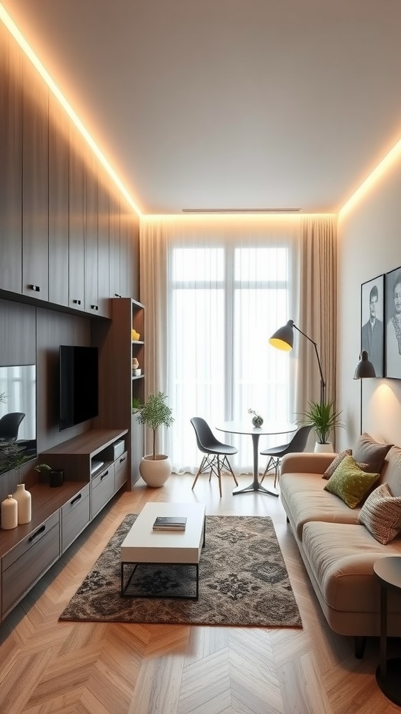 Cozy modern studio apartment with smart lighting and sleek furniture, featuring a small dining area and plants.
