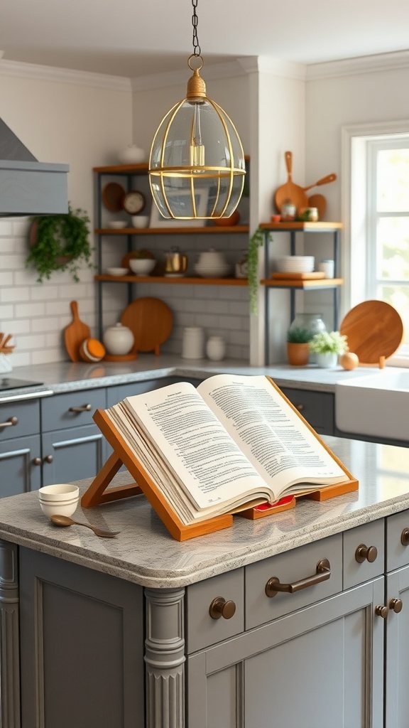 A stylish wooden cookbook stand displaying an open recipe book on a gray kitchen island with marble countertop.
