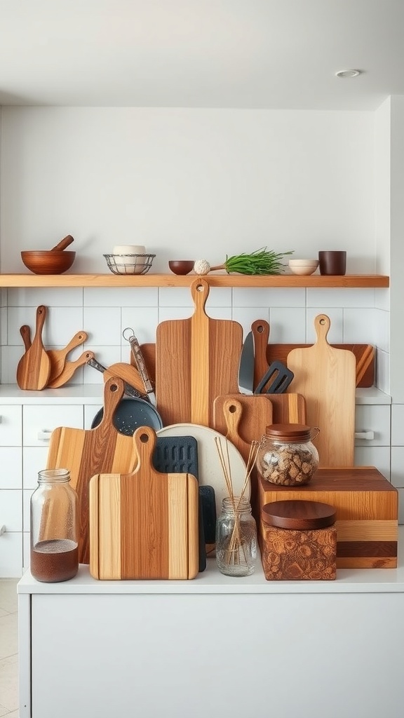 A stylish display of wooden cutting boards of various shapes and sizes on a kitchen island, accompanied by decorative jars and potted herbs.