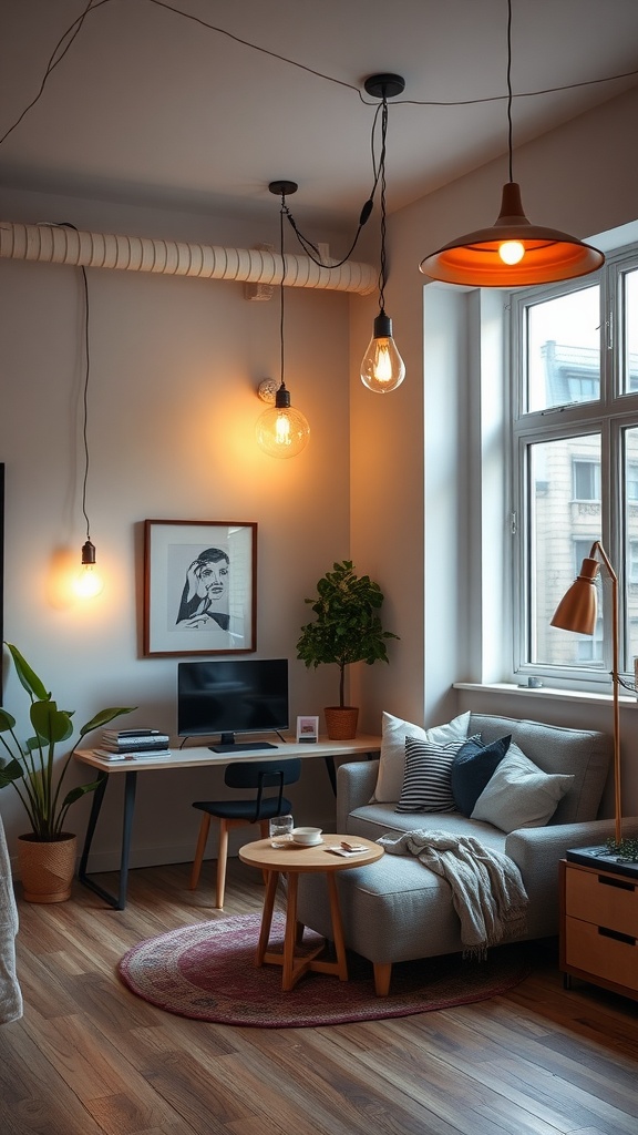 A modern studio apartment featuring stylish lighting fixtures with a cozy atmosphere.