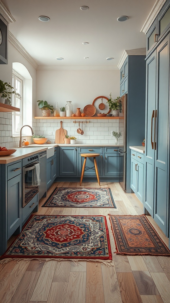 A bright kitchen with blue cabinets and stylish area rugs, showcasing defined spaces.