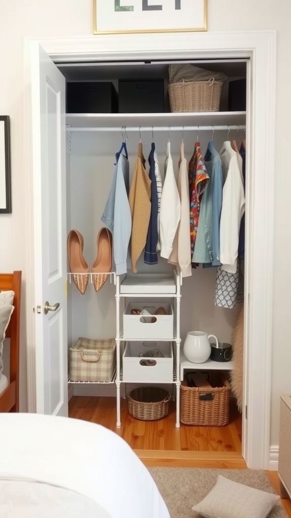 A small closet featuring organized clothing, shoes, and storage boxes.