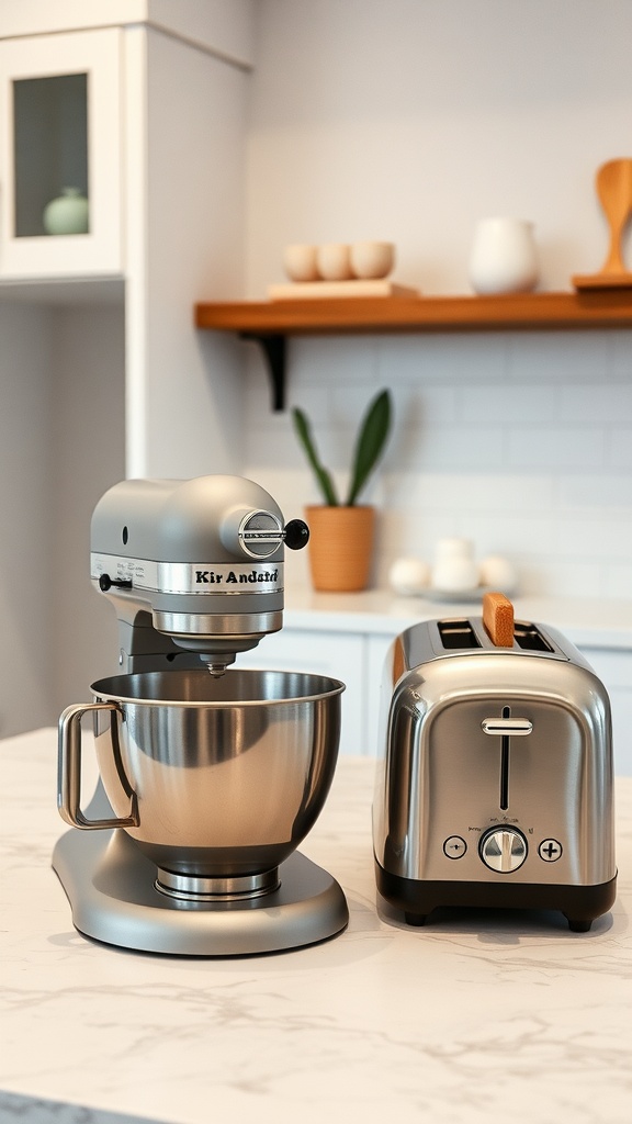 A silver stand mixer and modern toaster on a kitchen island