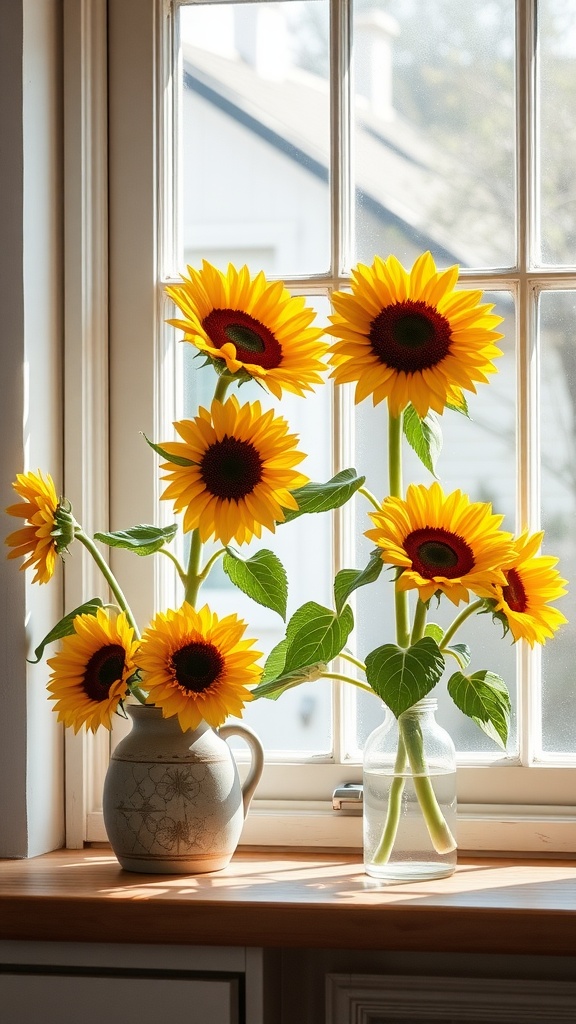 A sunny kitchen windowsill with vibrant sunflowers in a rustic ceramic jug and a glass bottle.