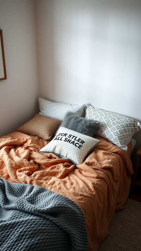 A cozy bed with textured fabrics in a small bedroom setting.