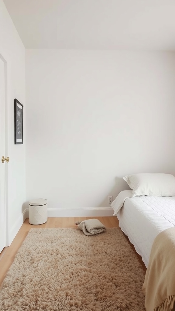 A small bedroom featuring a fluffy beige rug beside a white bed and a minimalist design.