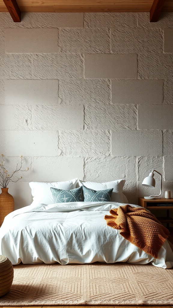 A cozy boho-inspired bedroom featuring a textured wall, white bedding, and earthy accessories.
