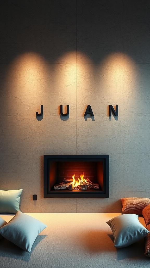 A cozy fireplace feature set in a textured wall with soft cushions in a living room