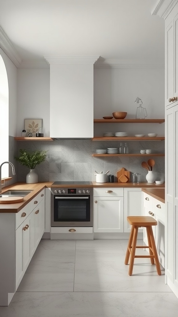 Minimalist kitchen with white cabinetry and wooden accents