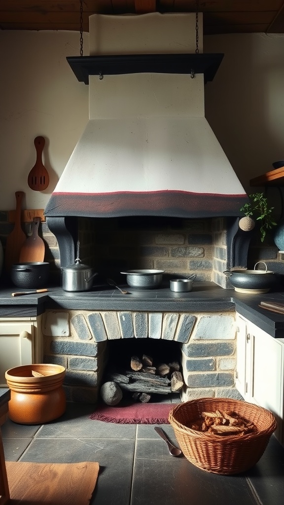 Traditional kitchen with a cooking hearth, stone base, and wooden utensils.