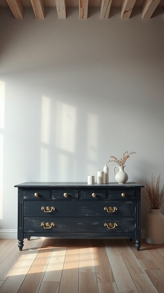 A stylish black distressed dresser with golden handles and decorative items on top, set in a well-lit room.