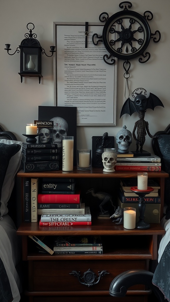 A dark-themed nightstand featuring candles, skulls, and books, perfect for emo bedroom ideas.