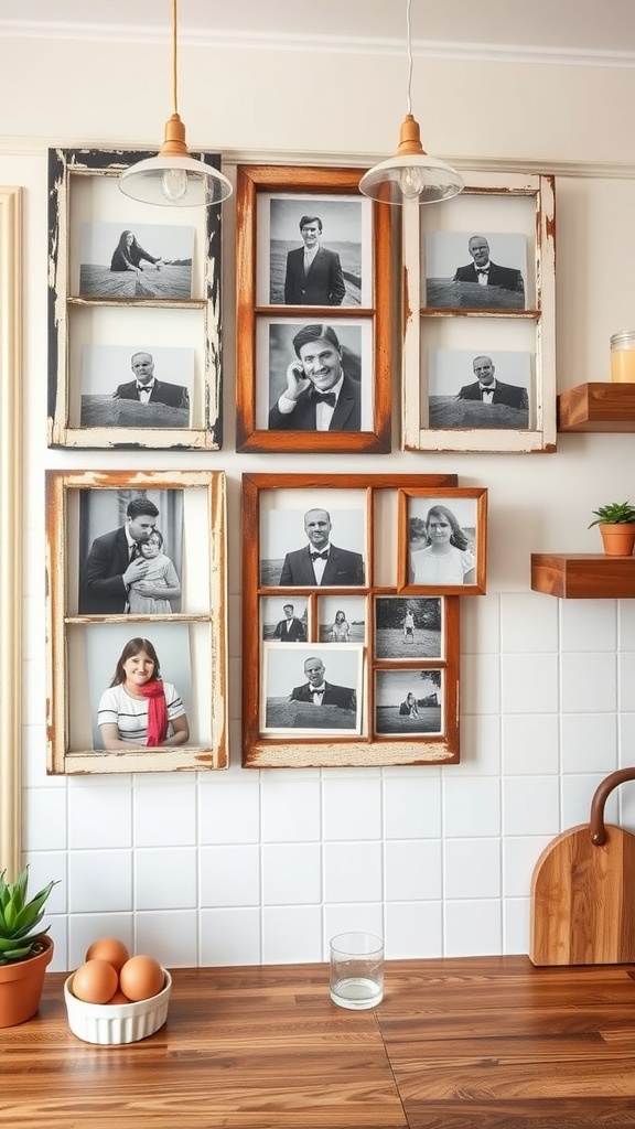 Gallery of black-and-white photos in upcycled window frames on a kitchen wall