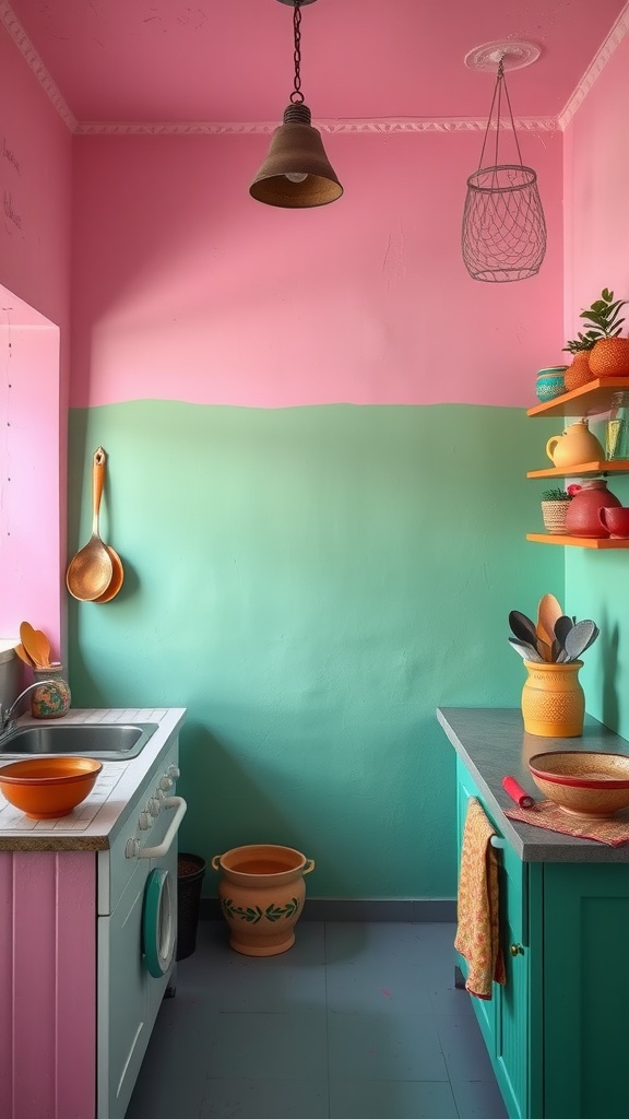 A vibrant kitchen featuring pink and green walls, colorful utensils, and a cozy atmosphere.