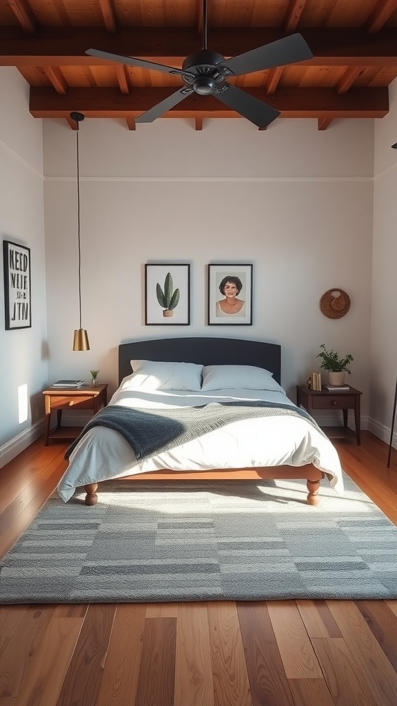 A cozy bedroom featuring a bed on a textured area rug, wooden floors, and framed artwork on the walls.