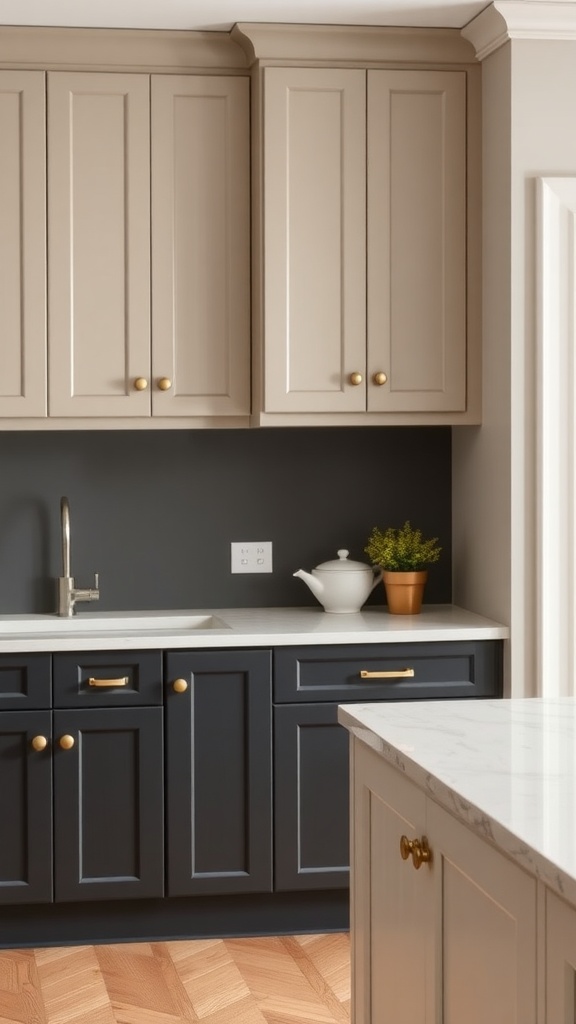 A modern kitchen with dark and light cabinetry featuring gold hardware.