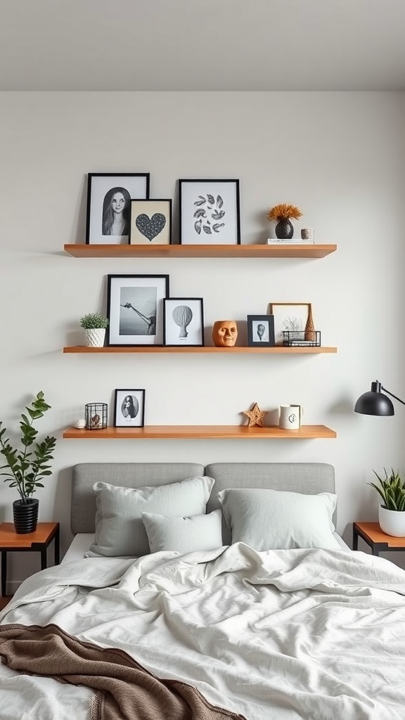 A cozy bedroom featuring floating shelves with decorative items above the bed.