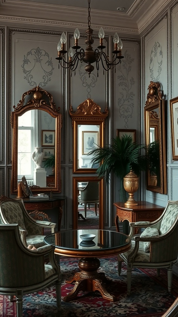 A cozy sitting area with elegant mirrors creating an illusion of space and light.