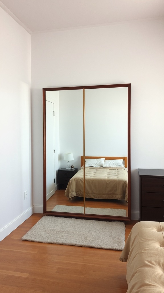 A small bedroom featuring a large mirror, a bed with a beige cover, and a nightstand with a lamp.