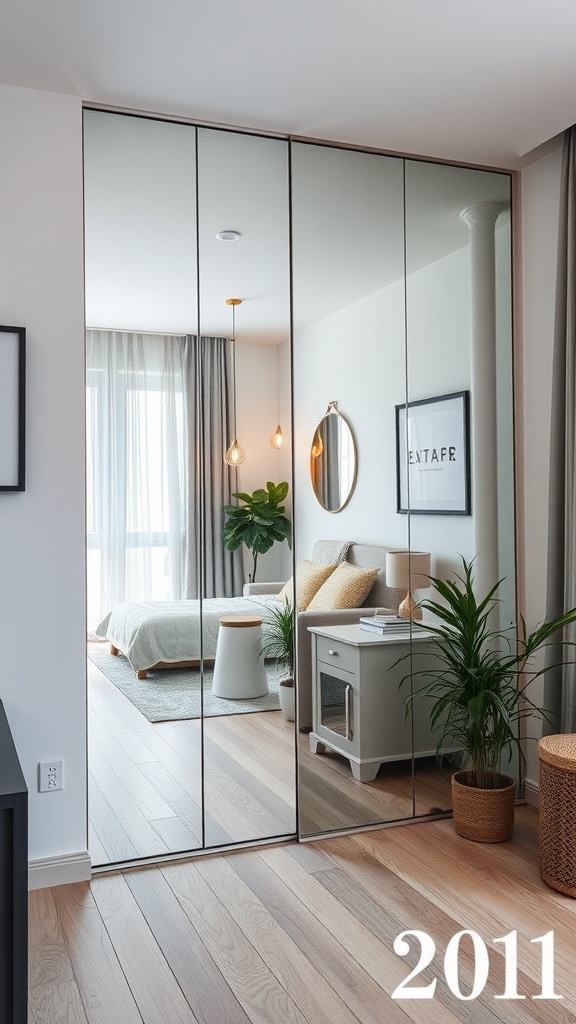 A cozy modern studio apartment featuring mirrored panels, soft lighting, and stylish decor.
